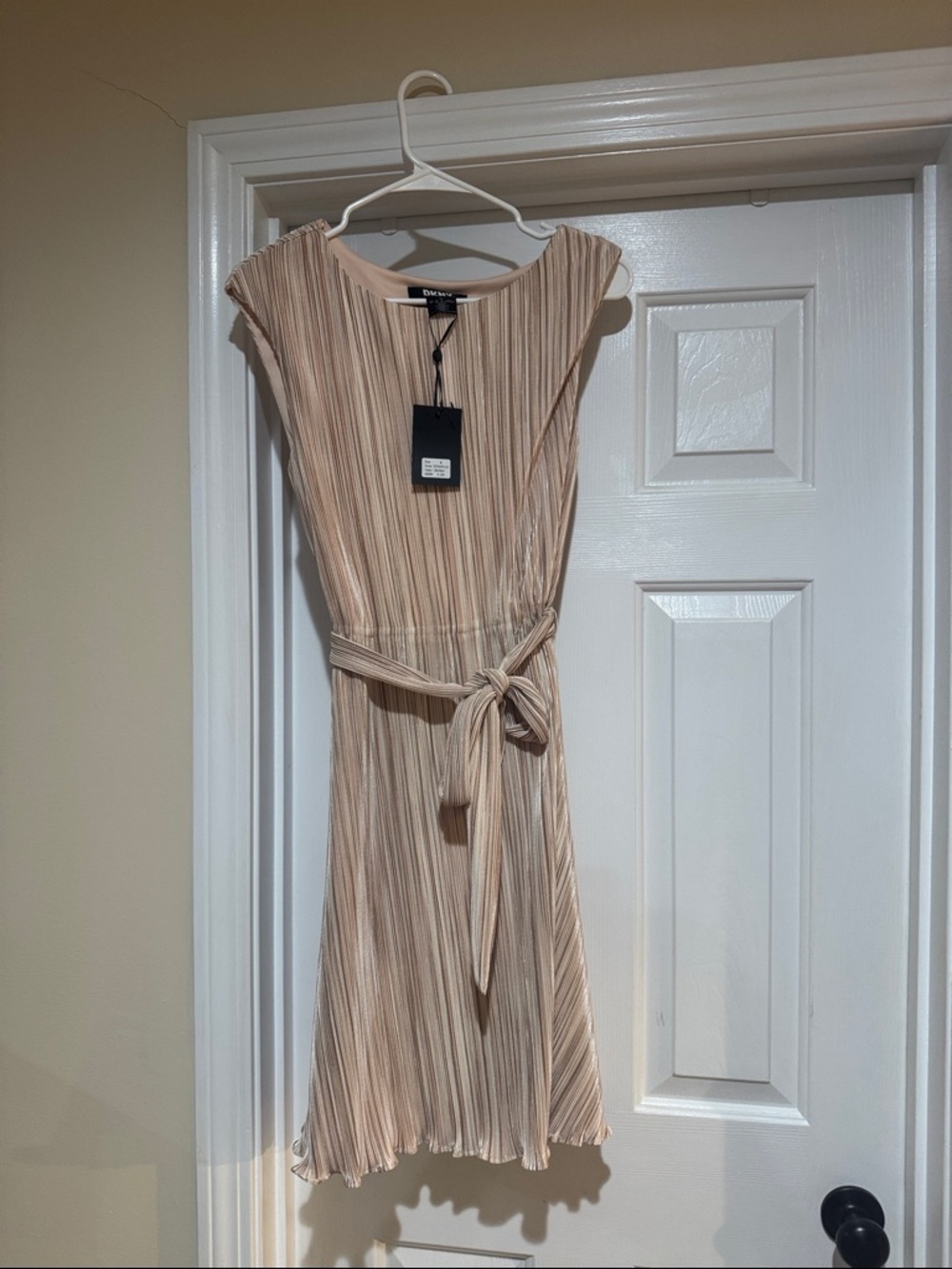 DKNY Pleated Belted Midi Dress in Light Beige